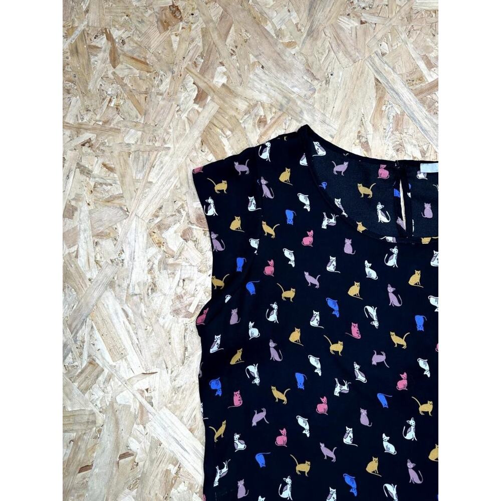 Sweet Rain Cat Print Blouse Womens Large Black Colorful Kitty Pattern Tank Top - Picture 4 of 14